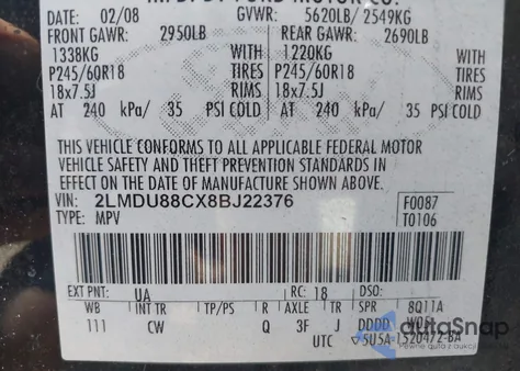 2008 Lincoln Mkx из США, поврежденный, VIN 2LMDU88CX8BJ22376